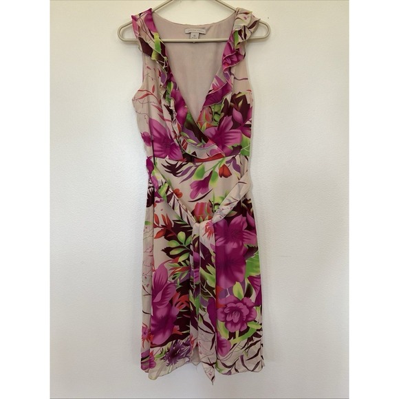 Jonathan Martin Dress Women Size 6 Floral Ruffle Deep V Neck Tie Waist - Picture 4 of 9
